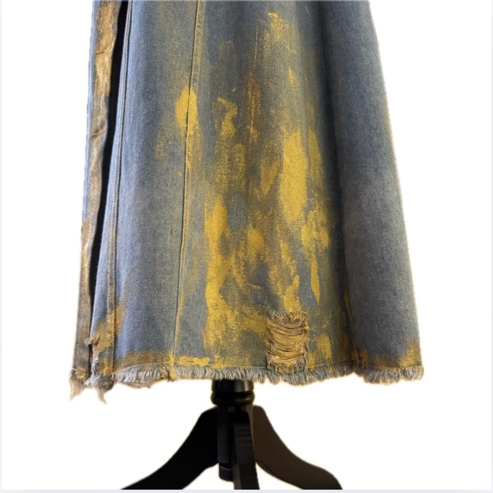 Distressed Hand-Painted Denim Maxi Duster Jacket w. Gold Finish - Picture 10 of 16